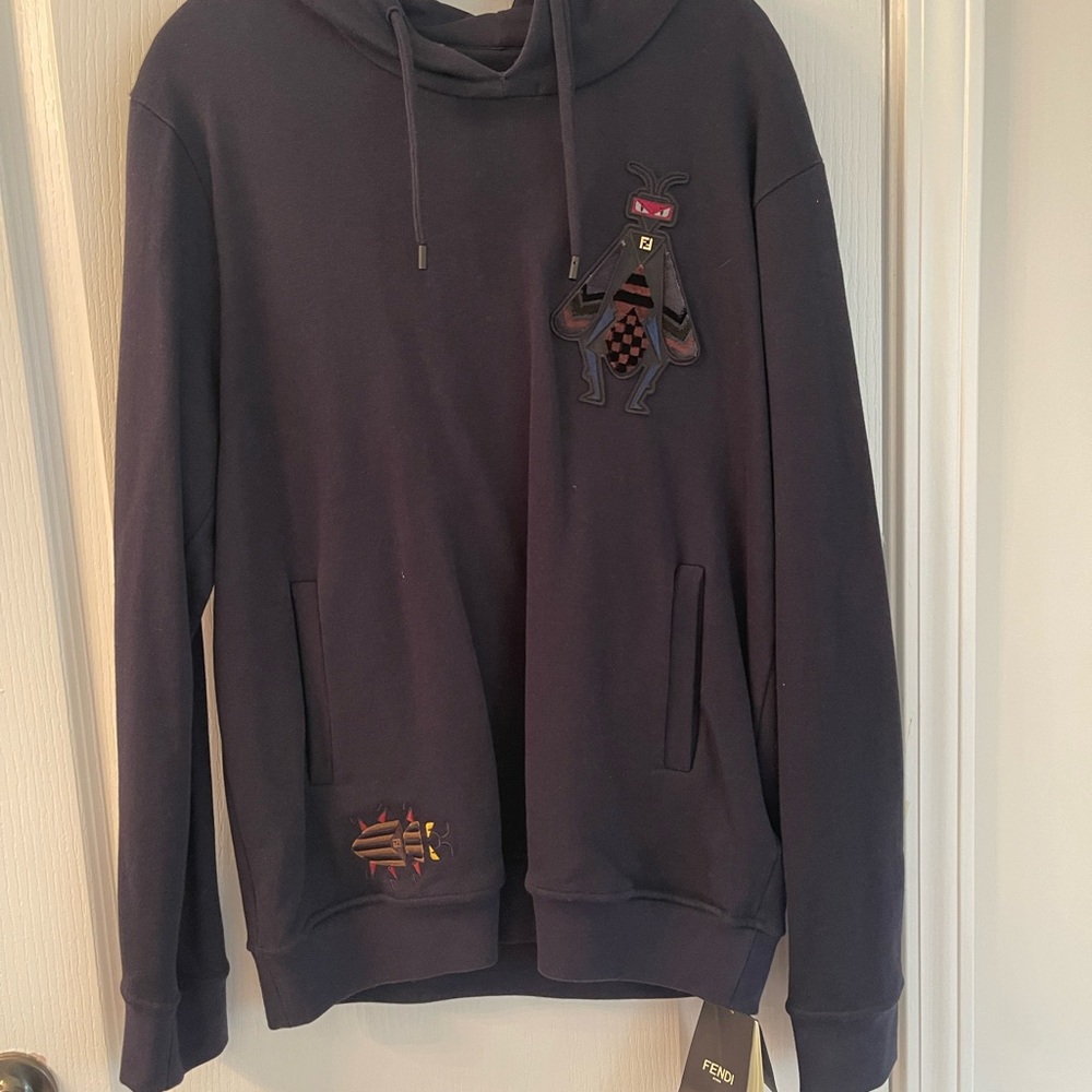 Fendi Men's Dark Blue Hoodie with Embroidered Motif